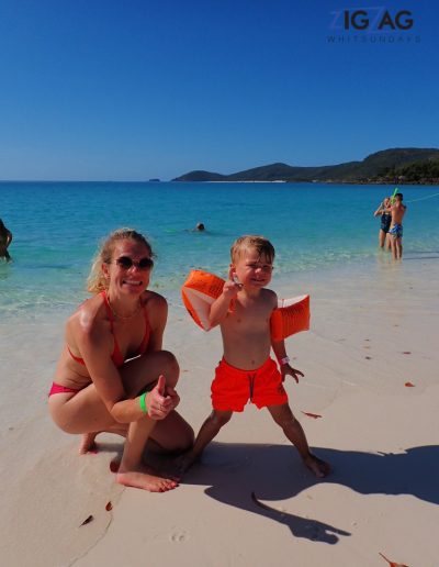 Mum and son ready for a swim at whitehaven beach
