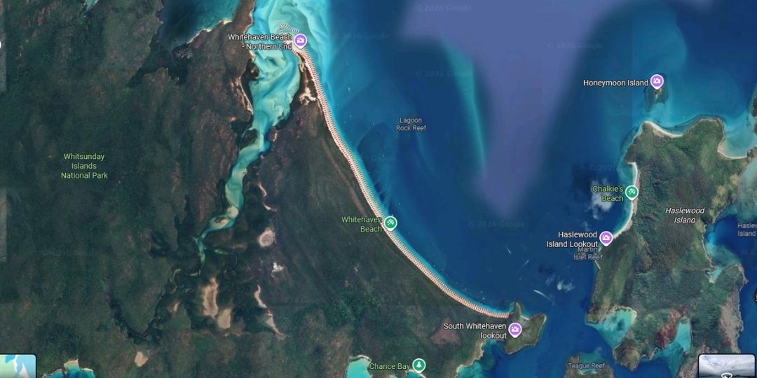 Google maps view of whitehaven beach on whitsunday island, showing the full 7 kilometre stretch of sand running north to south down the eastern side of the island, from the northern end down to the south whitehaven lookout